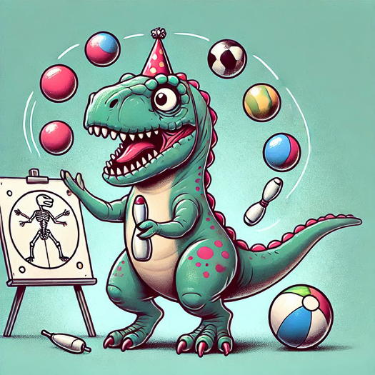 20241209-a Tyrannosaurus Rex dinosaur learning how to juggle.jpg